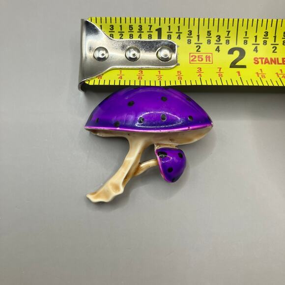 Mushroom Brooch Pin Purple Gold Tone Metal Glazed Small Artsy Boho - Picture 8 of 8